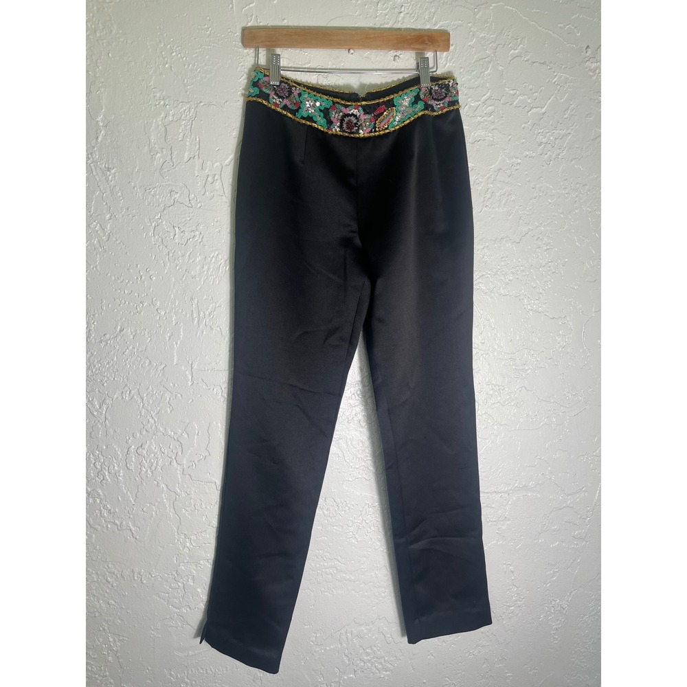 Vintage Beaded Waist Pants‎ Women's Size 8 Black Evening Slim Straight